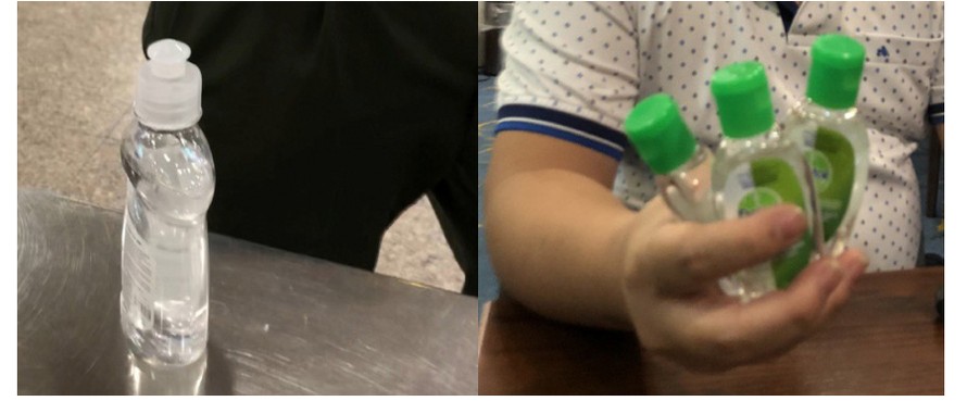 Chai nước rửa tay khô của hành khách mang theo bị An ninh sân bay Nội Bài yêu cầu để lại (trái) và những chai nước rửa tay của hành khách khác qua được vòng an ninh (phải). Ảnh: PLVN.