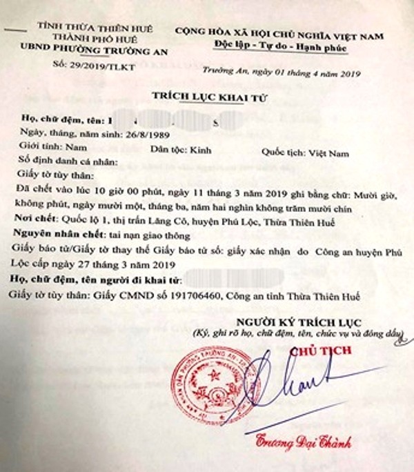 UBND phường Trường An đã cấp giấy khai tử đối với nạn nhân chết vì tai nạn giao thông Hồ Ngọc H.S