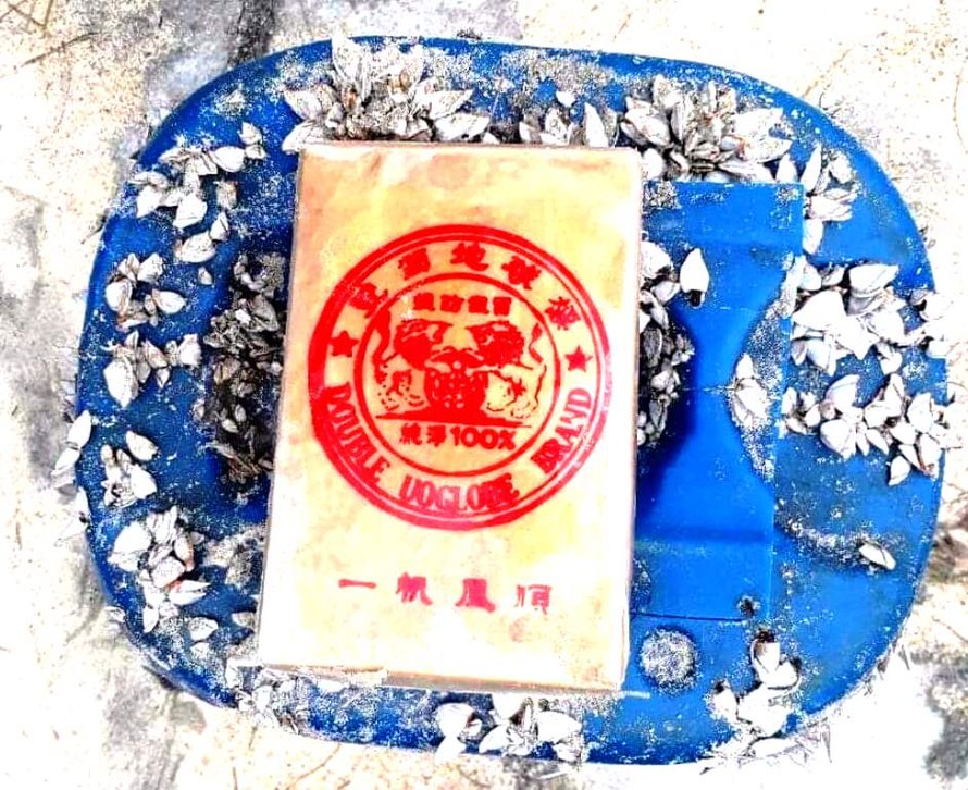 21 bánh hình chữ nhật bao gói bằng nylon có in hình dạng khuôn dấu kèm chữ Trung Quốc và ký tự Latinh chứa trong can nhựa này vừa được người dân phát hiện tại bờ biển xã Quảng Ngạn, huyện Quảng Điền, tỉnh TT-Huế