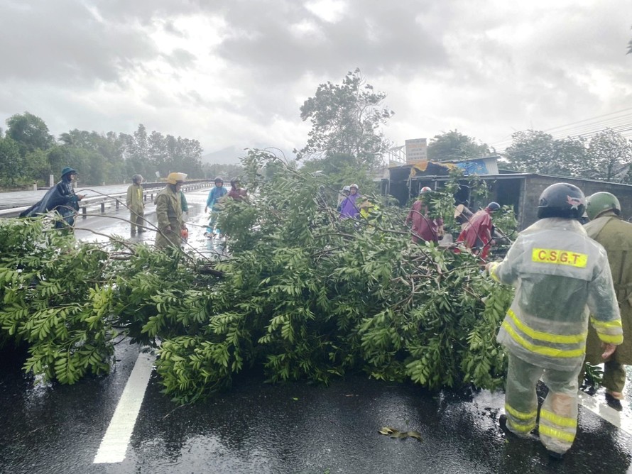 Lực lượng chức năng vật lộn với mưa gió để giải phóng cây cối đổ ngã gây ách tắc Quốc lộ 1 qua huyện Phú Lộc, TT-Huế.