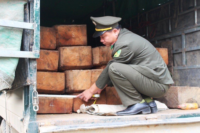 Xe tải chở gỗ lậu ngụy trang dưới các bao phế liệu