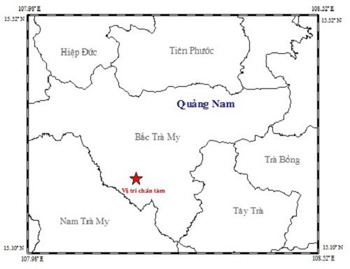 Vị trí xảy ra động đất tại huyện Bắc Trà My, Quảng Nam. Ảnh Viện Vật lý địa cầu