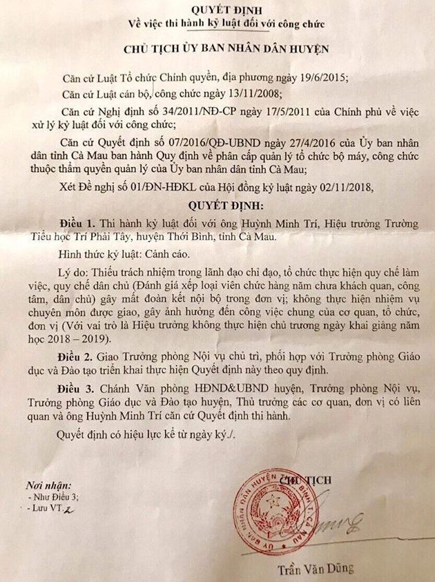 Chủ tịch UBND huyện Thới Bình quyết định cảnh cáo ông Huỳnh Minh Trí