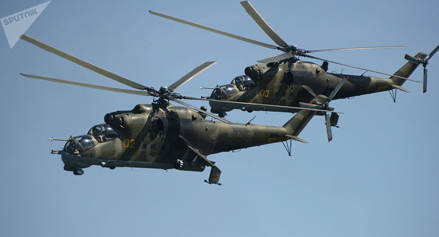 Trực thăng Mi-24 tham gia tập trận chung. Ảnh: Sputnik