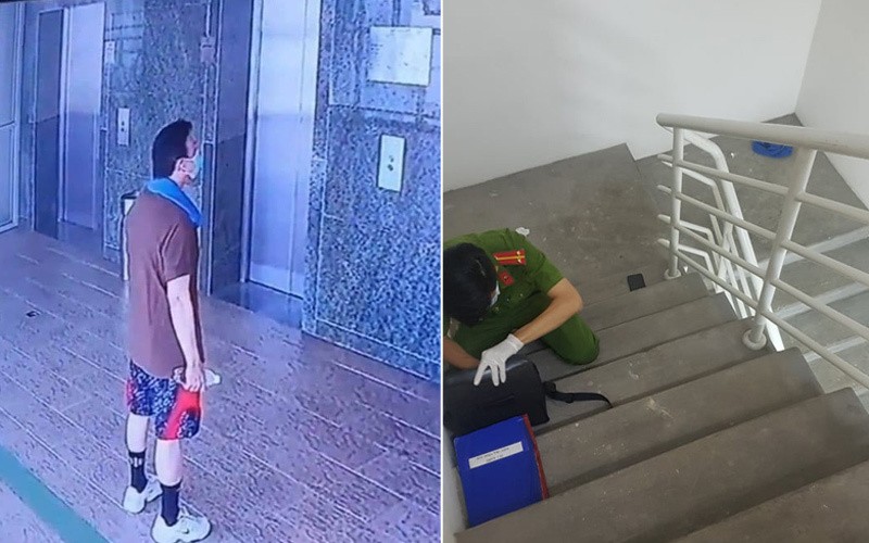 Hình ảnh camera an ninh xác định nghệ sĩ Chí Tài tập thể dục buổi sáng về thì gục tại cầu thang bộ tầng 7 và công an khám nghiệm hiện trường.