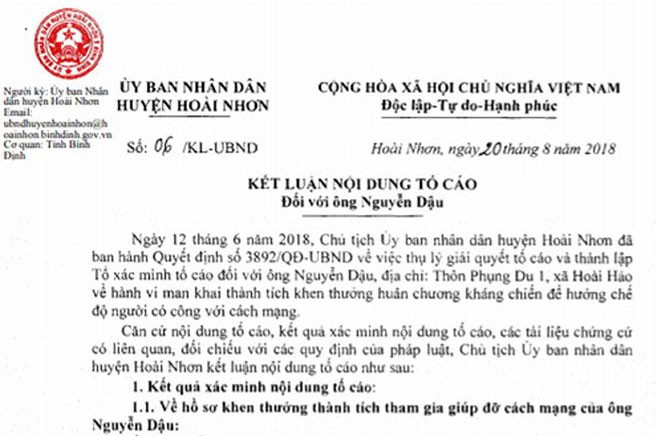 Kết luận của UBND huyện Hoài Nhơn liên quan đến nội dung tố cáo ông Nguyễn Dậu khai man thành tích để Nhà nước tặng thưởng Huân chương.