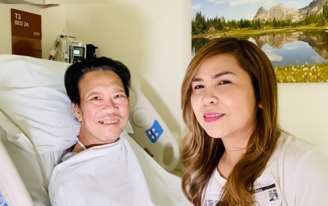Hình ảnh nhạc sĩ Lê Quang và Cam Thơ ở bệnh viện.