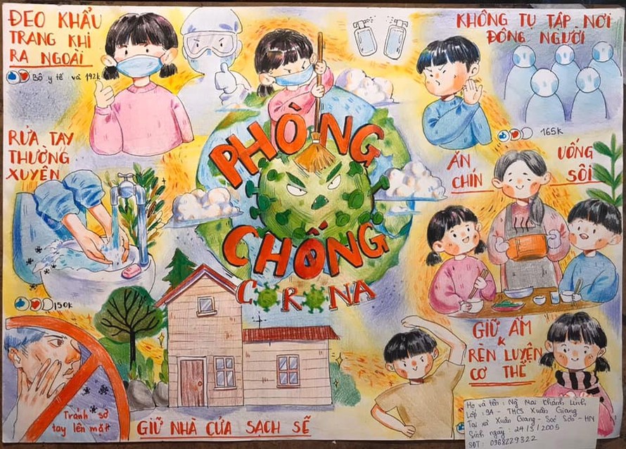 Một trong những bức tranh truyền thông điệp về phòng chống dịch bệnh của thiếu nhi Thủ đô: Tranh của em Nguyễn Mai Khánh Linh - lớp 9A trường THCS Xuân Giang, Sóc Sơn, Hà Nội.