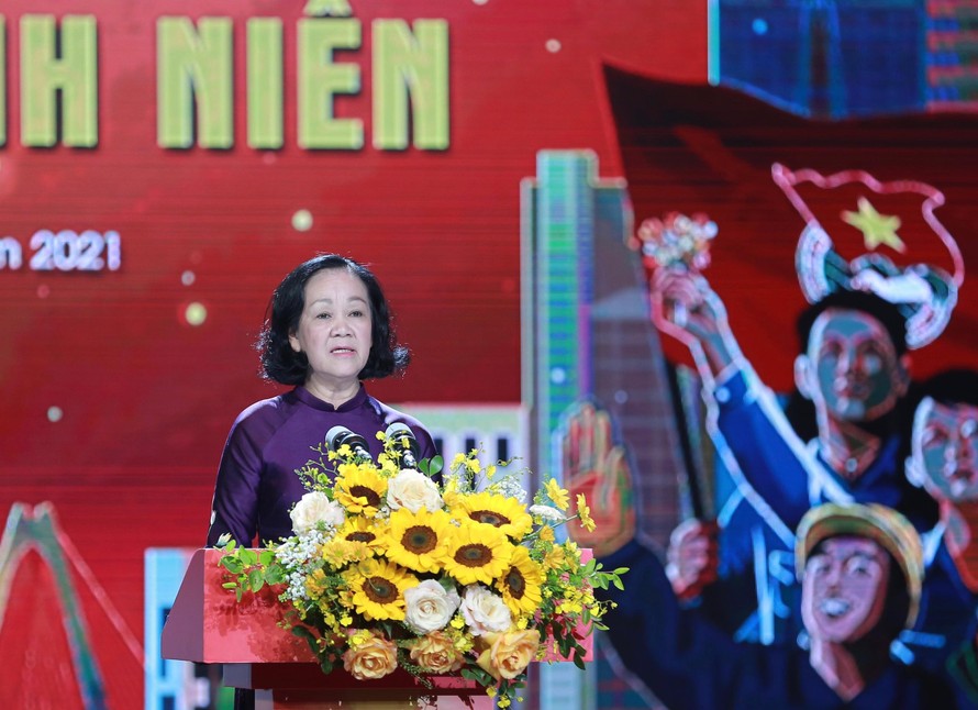 Bà Trương Thị Mai, Ủy viên Bộ Chính trị, Bí thư T.Ư Đảng, Trưởng Ban Tổ chức T.Ư phát biểu tại chương trình. Ảnh: Bảo Anh