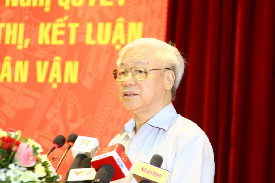 Tổng Bí thư Nguyễn Phú Trọng phát biểu về công tác dân vận. Ảnh LD