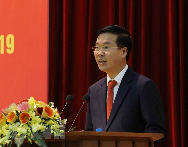 Ủy viên Bộ Chính trị, Trưởng ban Tuyên giáo Trung ươn Võ Văn Thưởng phát biểu tại hội nghị. Ảnh TTXVN