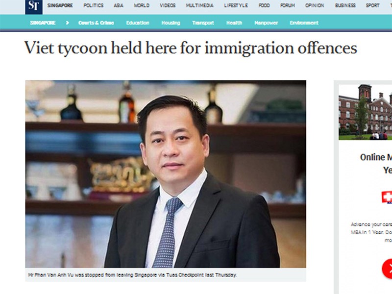 Hình ông Phan Van Anh Vu được đăng trên báo Straits Times của Singapore. Ảnh chụp màn hình.