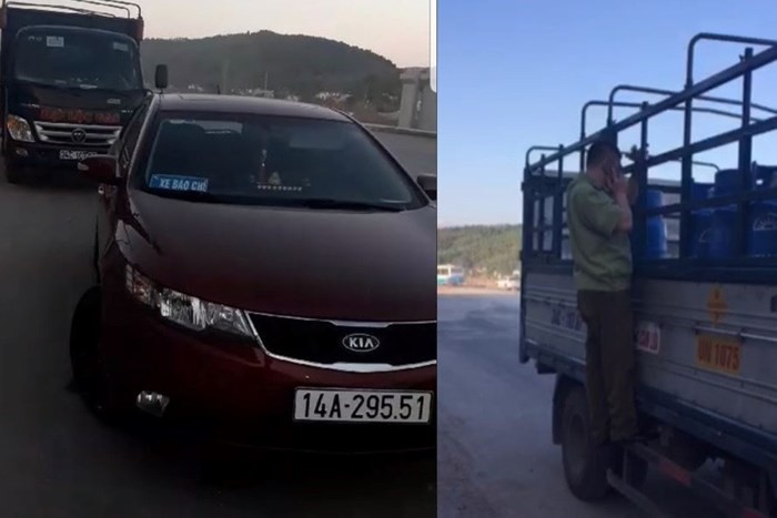 Chiếc xe của lực lượng QLTT Quảng Ninh chặn trước đầu xe tải chở gas. Ảnh căt từ clip.