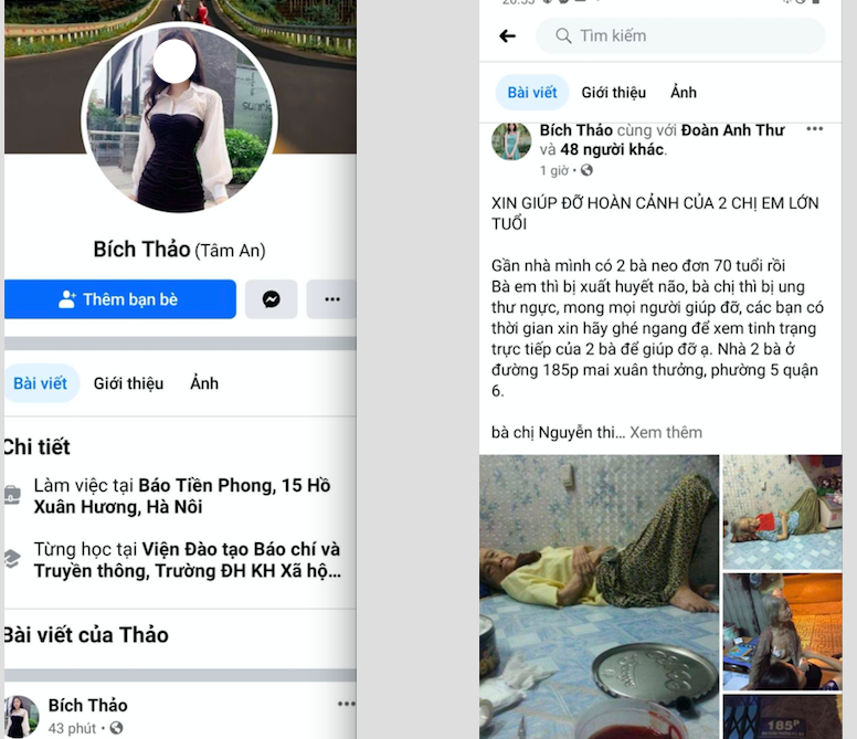 Đối tượng lấy tên FB Bích Thảo không phải là người của báo Tiền Phong nhưng thường xuyên lên FB quyên góp từ thiện. Ảnh chụp lại màn hình.