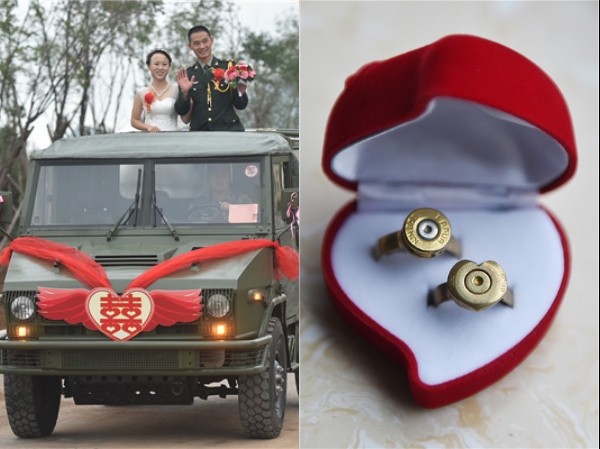 Đám cưới rước dâu bằng xe quân sự, trao nhẫn cưới bằng... đạn