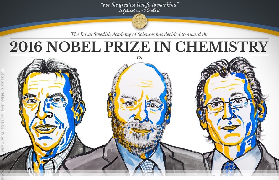 Bộ 3 nhà khoa học đoạt giải Nobel Hóa học 2016. Từ trái sang: Jean-Pierre Sauvage (Pháp), Sir J. Fraser Stoddart (Mỹ) và Bernard L. Feringa (Hà Lan).