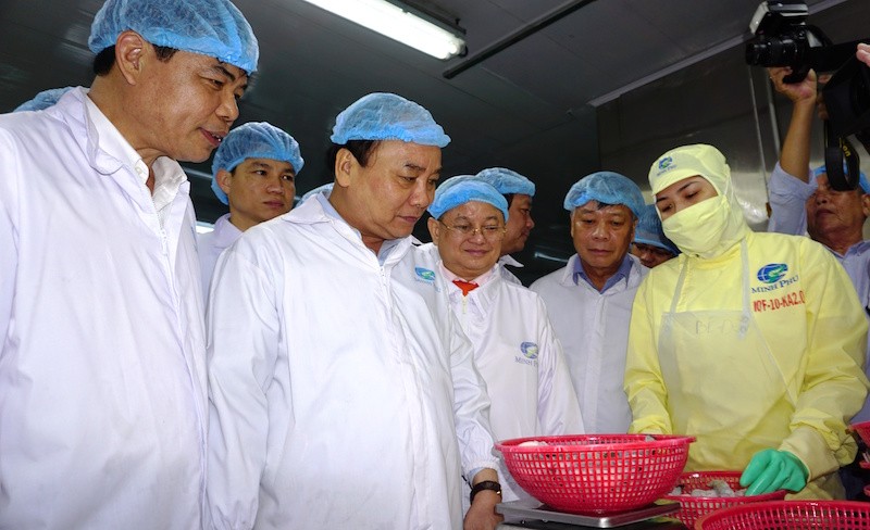 Thủ tướng Nguyễn Xuân Phúc thăm băng chuyền chế biến tôm giá trị gia tăng.