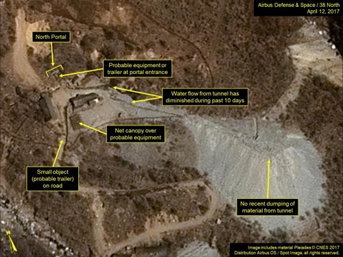 Bức ảnh vệ tinh chụp khu vực Punggye-ri (Triều Tiên) hôm 12/4 được công bố bởi trang 38 North.