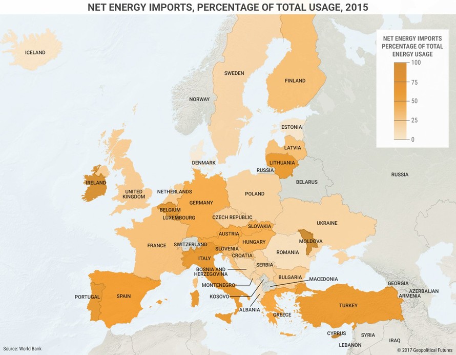 Bản đồ thể hiện mức độ các nước phụ thuộc về nhiên liệu từ Nga. Ảnh: Business Insider