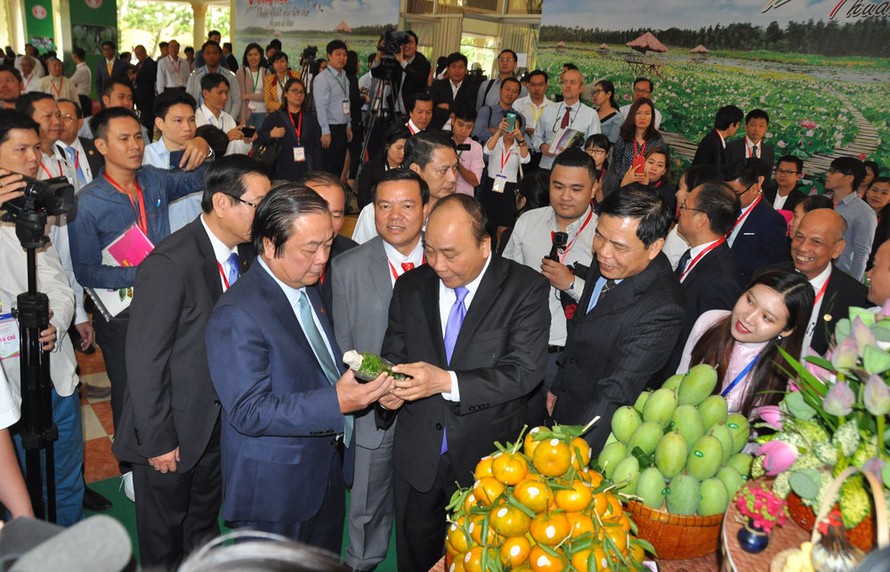 Thủ tướng Nguyễn Xuân Phúc kiểm tra một sản vật địa phương tại hội nghị