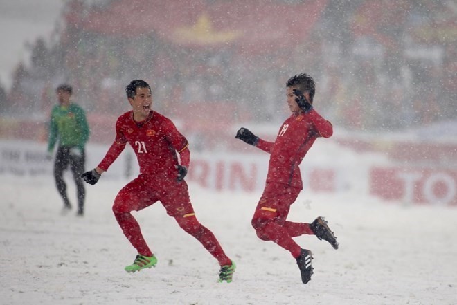 Quang Hải ăn mừng bàn thắng ở trận chung kết U23 châu Á.