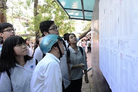 Các thí sinh dự thi vào lớp 10 THPT năm học 2018 – 2019 xem số báo danh, sơ đồ phòng thi tại điểm thi Trường THPT Yên Hòa (TP Hà Nội). (Ảnh minh họa: THỦY NGUYÊN).