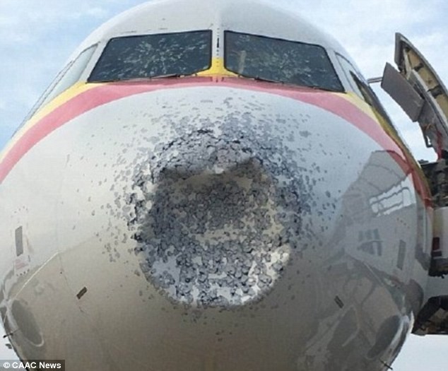Máy bay móp đầu, vỡ kính vì mưa đá. Ảnh: Daily Mail