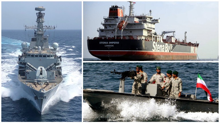 Tàu khu trục HMS Montrose (trái), tàu dầu Stena Impero (trên) và tàu tuần tra Iran (dưới). Ảnh: Sputnik