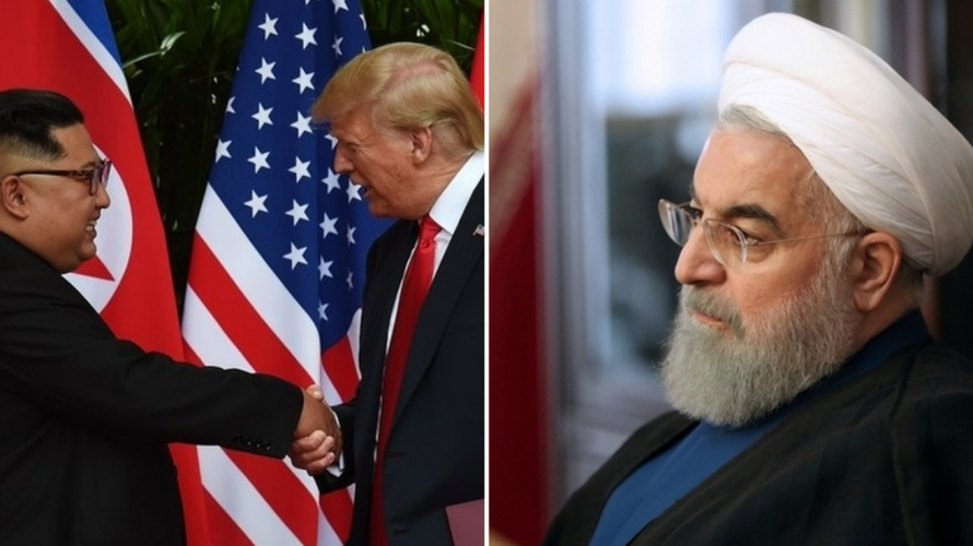 Từ trái sang: Chủ tịch Triều Tiên Kim Jong-un, Tổng thống Mỹ Donald Trump, Tổng thống Iran Hassan Rouhani. Ảnh: Middle East Eye