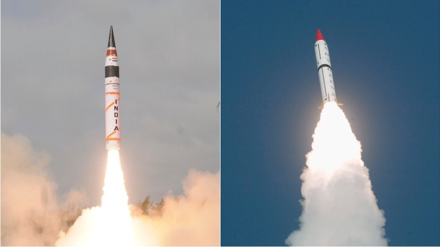 Tên lửa Agni-V missile của Ấn Độ (trái) và tên lửa Shaheen II, Hatf-VI của Pakistan (phải). Ảnh: RT