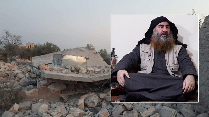 Ảnh lớn: Hiện trường nơi Mỹ tiêu diệt thủ lĩnh IS. Ảnh nhỏ: Thủ lĩnh IS Abu Bakr al-Baghdadi. 