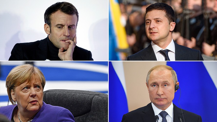 Tổng thống Pháp Emmanuel Macron, Tổng thống Ukraine Volodymyr Zelensky, Thủ tướng Đức Angela Merkel và Tổng thống Nga Vladimir Putin. Ảnh: RT
