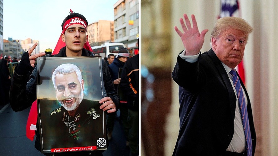 Tổng thống Mỹ Donald Trump (phải) và hình ảnh từ tang lễ Tướng Soleimani (trái). Ảnh: Reuters