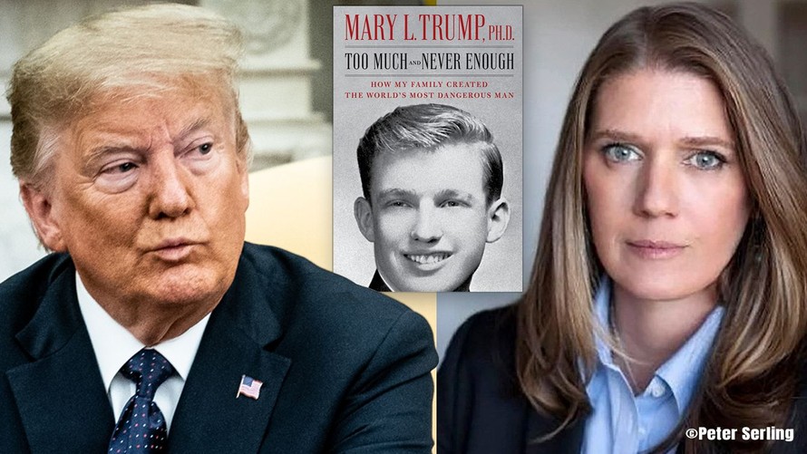 Tổng thống Donald Trump (trái), bà Mary Trump (phải) và cuốn sách của bà Mary (giữa). Ảnh: Yahoo News