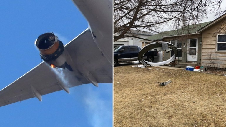 Động cơ máy bay cháy đen (trái) và mảnh vỡ động cơ rơi xuống nhà dân (phải). Ảnh: RT