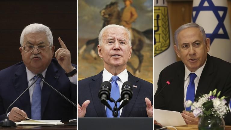 Từ trái sang: Tổng thống Palestine Mahmoud Abbas, Tổng thống Mỹ Joe Biden, Thủ tướng Israel Benjamin Netanyahu. Ảnh: RT