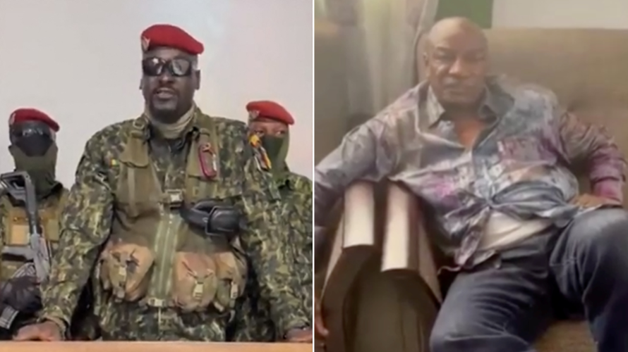 Trung tá Mamady Doumbouya - người dẫn đầu cuộc đảo chính (ảnh trái) và Tổng thống Alpha Conde (ảnh phải). Ảnh: RT