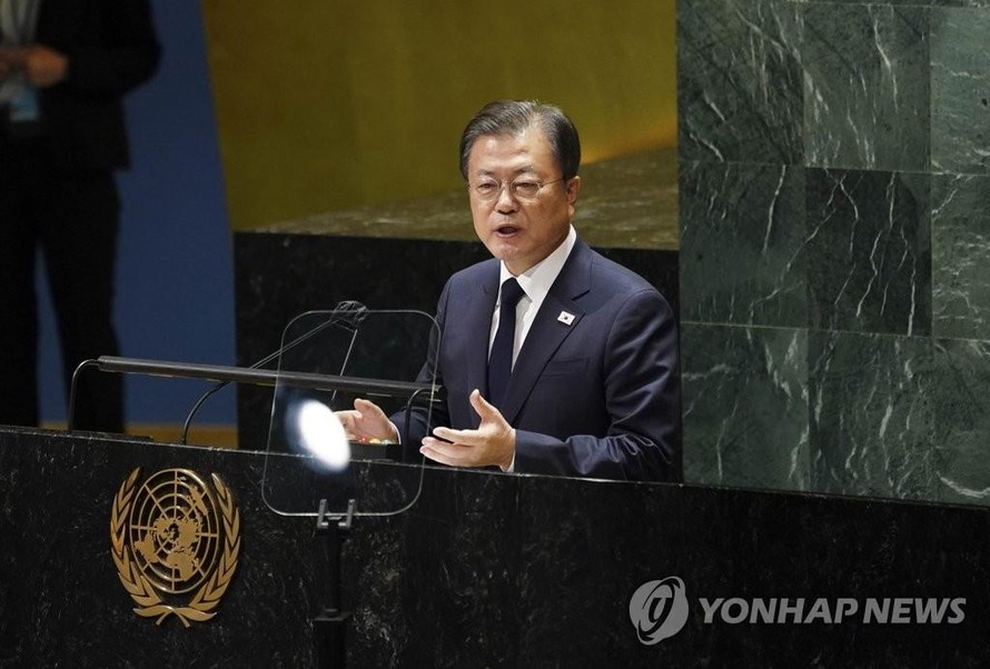 Tổng thống Moon Jae-in phát biểu hôm 21/9 trước Đại hội đồng Liên Hợp Quốc. Ảnh: Yonhap