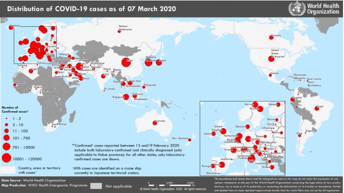 Các ca mắc Covid-19 trên thế giới tính đến 7/3. Đồ họa: WHO.