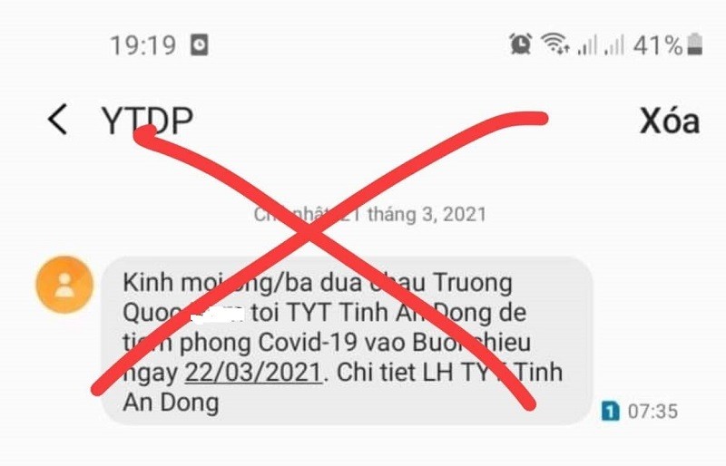 Tin nhắn thông báo người dân đi tiêm vaccine ngừa COVID-19 ở Quảng Ngãi.