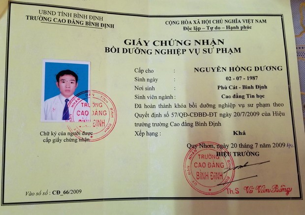 Giấy chứng nhận bồi dưỡng nghiệp vụ sư phạm của anh Nguyễn Hồng Dương tại Trường Cao đẳng Bình Định không được công nhận.
