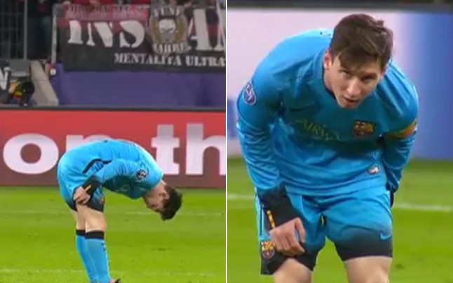 Messi có dấu hiệu bị đau ở trận hòa 1-1 với Bayer Leverkusen.