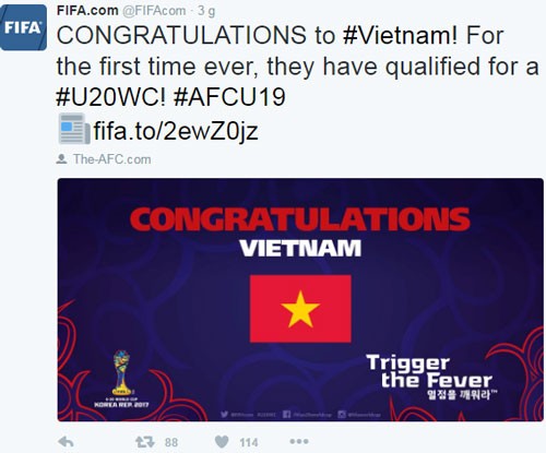 FIFA chúc mừng U19 Việt Nam.
