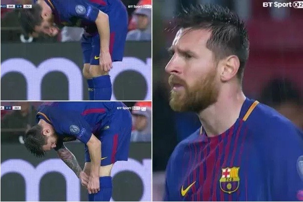 Hình ảnh Messi uống nhanh một viên thuốc glucose ở trận thắng Olympiacos.
