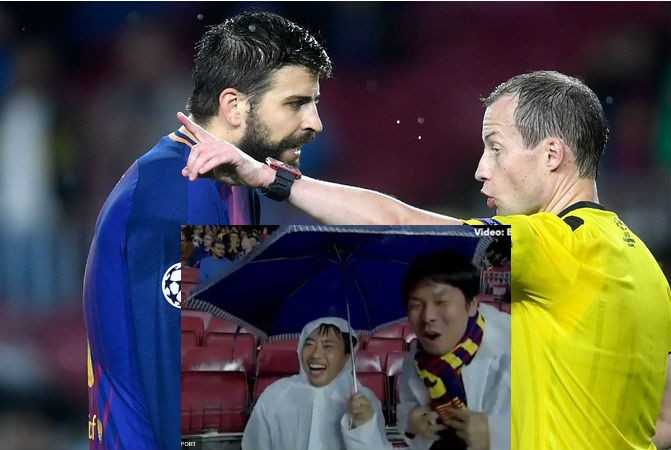 2 CĐV gốc châu Á của Barcelona ăn mừng khi Pique bị truất quyền thi đấu.