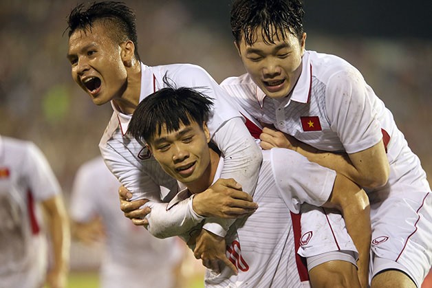 Các cầu thủ U23 Việt Nam ăn mừng bàn thắng vào lưới U23 Hàn Quốc. Ảnh: Bongdaplus