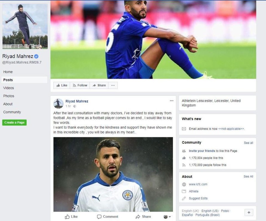 Facebook cá nhân của Riyad Mahrez bất ngờ xuất hiện thông tin tiền vệ này giải nghệ.