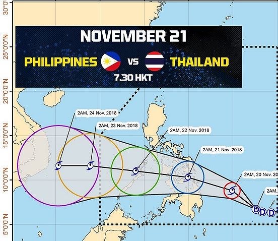 Trận Philippines vs Thái Lan có thể bị hoãn vì bão Toraji.