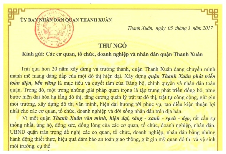 Bức thư ngỏ của Chủ tịch quận Thanh Xuân