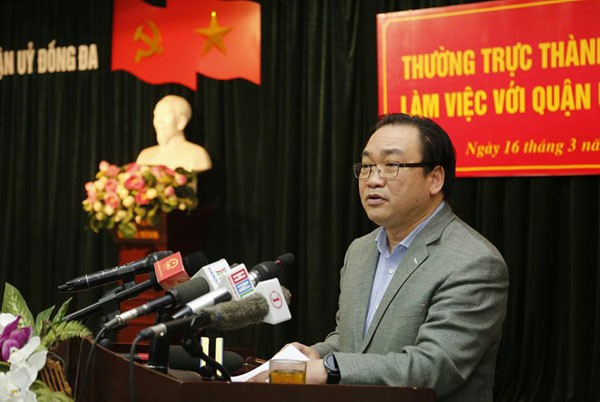 Bí thư Thành ủy Hà Nội Hoàng Trung Hải phát biểu chỉ đạo tại buổi làm việc với quận Đống Đa.